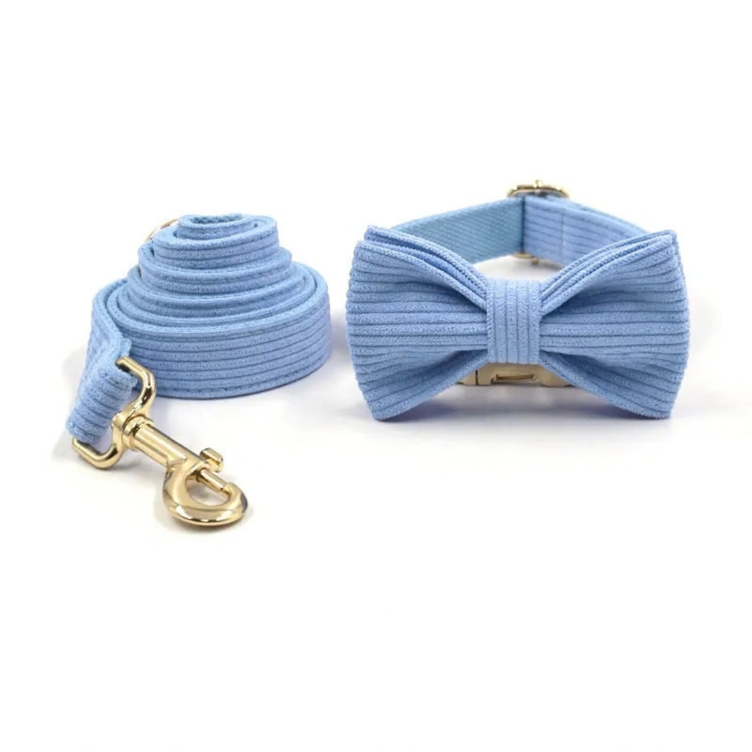 Blauwe Corduroy Set met Strik, Halsband & Riem - DreamPawz