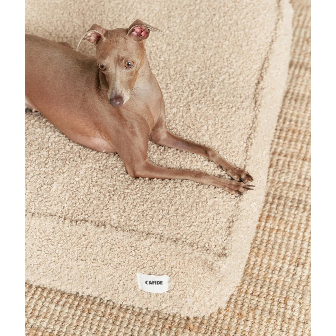 Groot hondenkussen in beige kleur met teddy vacht, met hond die erop ligt