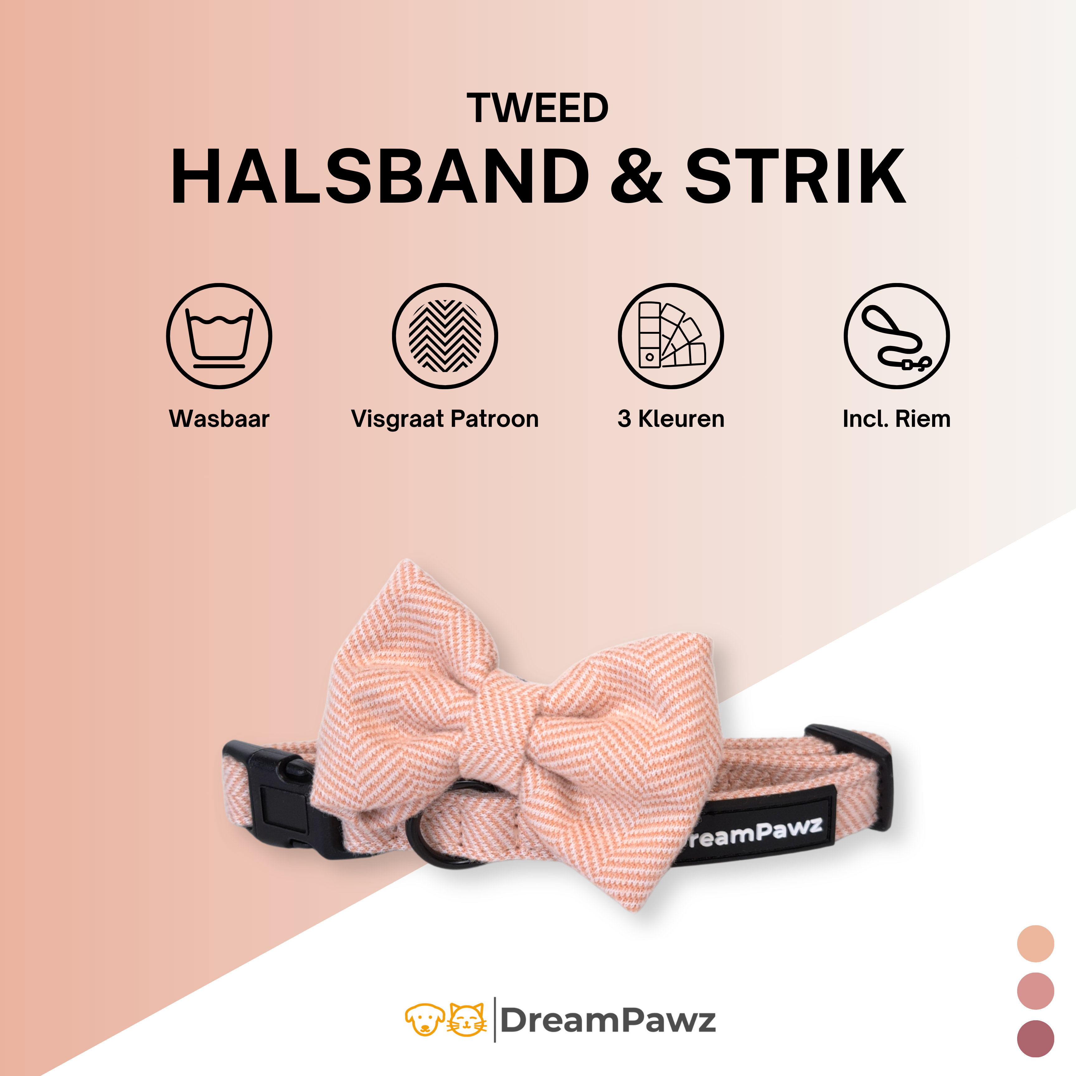 DreamPawz - 3-Delige Set van Halsband met Strik & Leiband - Visgraat