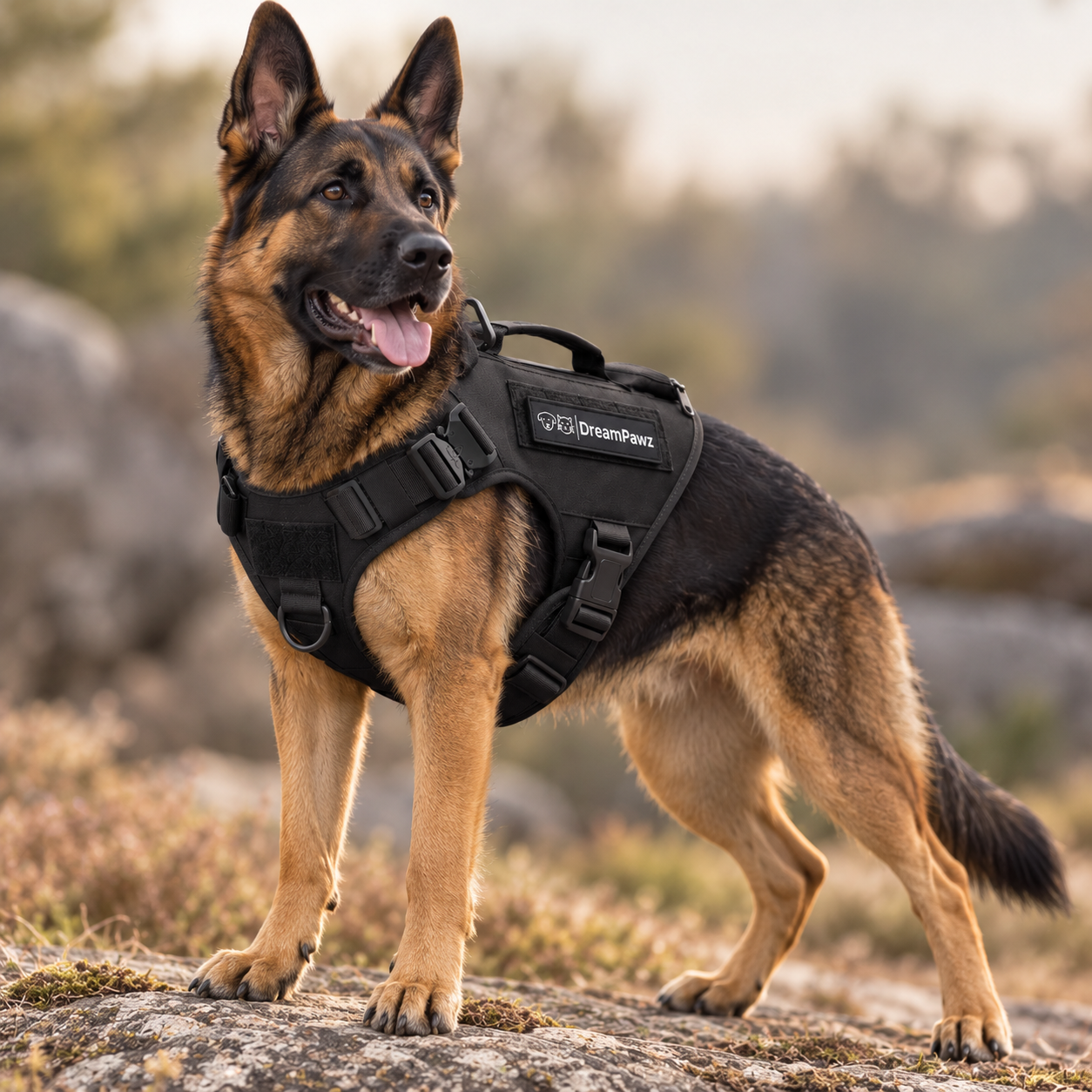 Zwarte Tactical Harnas met Airtag Pocket gedragen door Duitse Herder