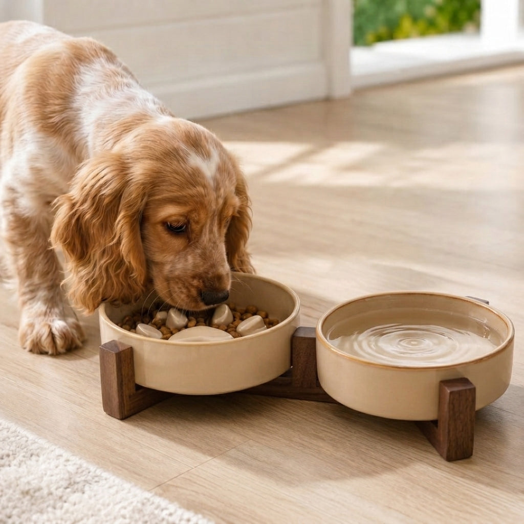 Cocker spaniel hond geniet van brokjes uit een luxe beige keramische slowfeeder voederbak met donker houten statief in modern interieur