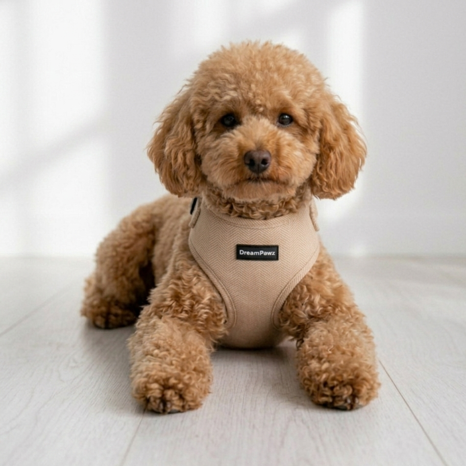 DreamPawz Beige visgraattuigje op poedel