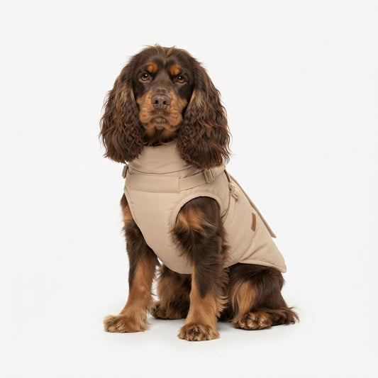 VPETBR gewatteerde hondenjas in beige met geïntegreerd tuigje op een hond
