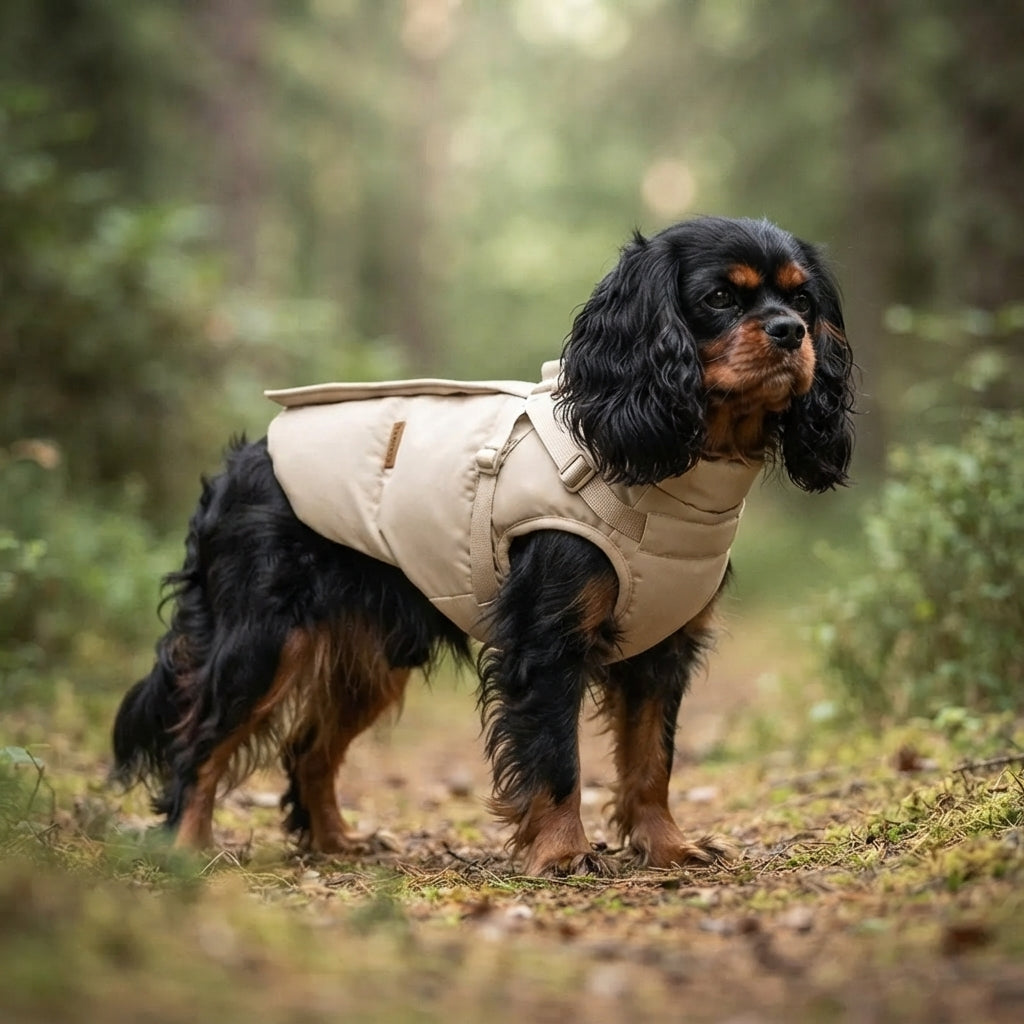 Donkerharige Cavalier King Charles Spaniel met warme beige gevoerde hondenjas in het bos