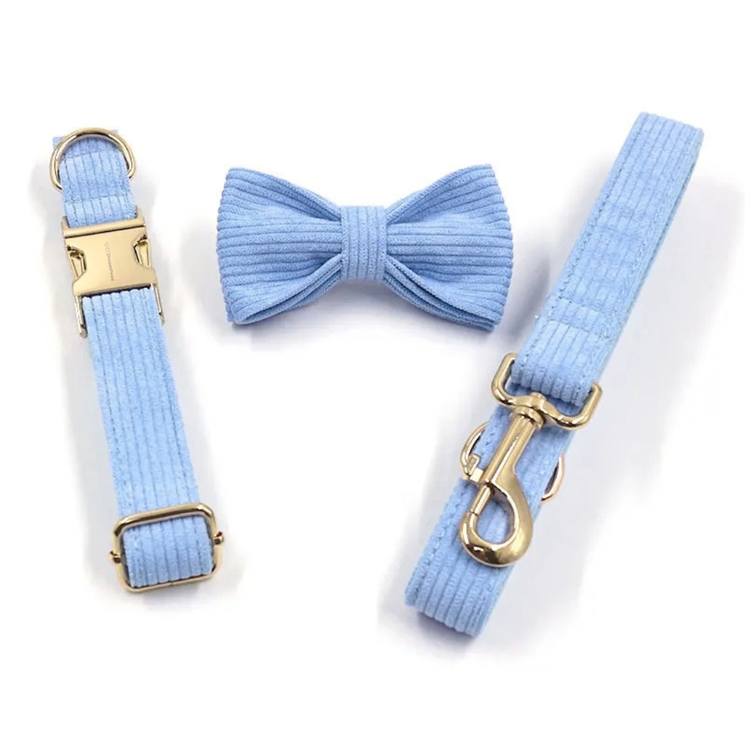 Blauwe Corduroy Set met Strik, Halsband & Riem - DreamPawz
