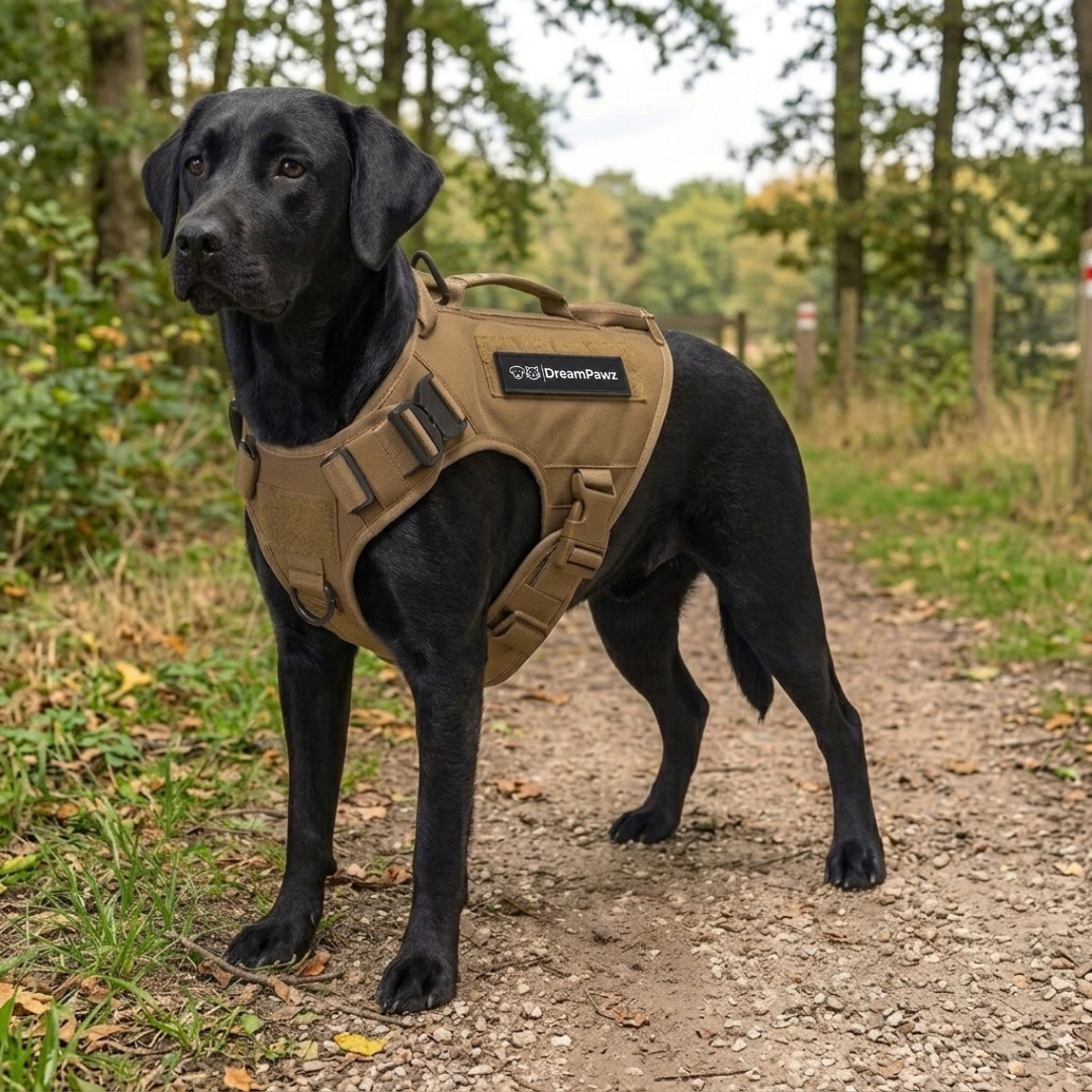 Bruine Tactical Harnas met Airtag Pocket gedragen door zwarte Labrador Retriever