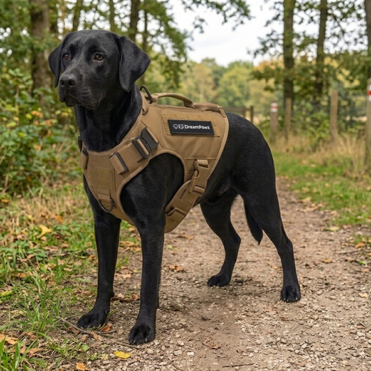 Bruine Tactical Harnas met Airtag Pocket gedragen door zwarte Labrador Retriever