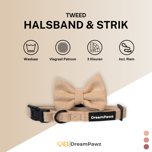 DreamPawz - 3-Delige Set van Halsband met Strik & Leiband - Visgraat - DreamPawz