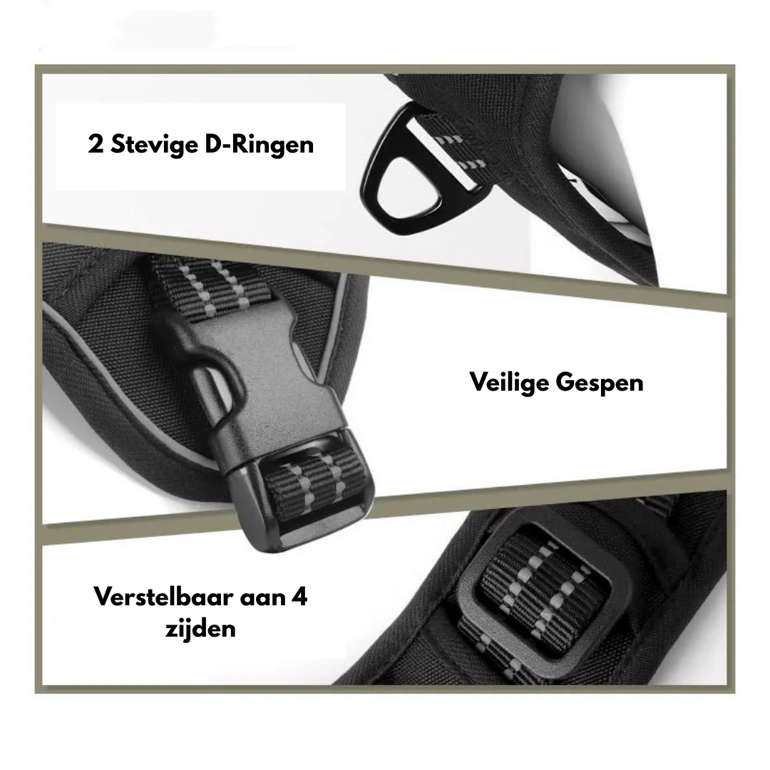 Eigenschappen van het Zwart tactisch hondenharnas met reflecterende details en geïntegreerde poepzakjesdispenser