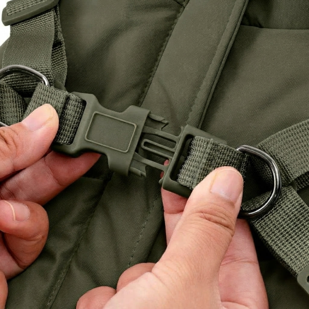 Sterke metalen D-ring en sluiting op de rug van de VPETBR groene hondenjas om de hondenriem veilig vast te maken