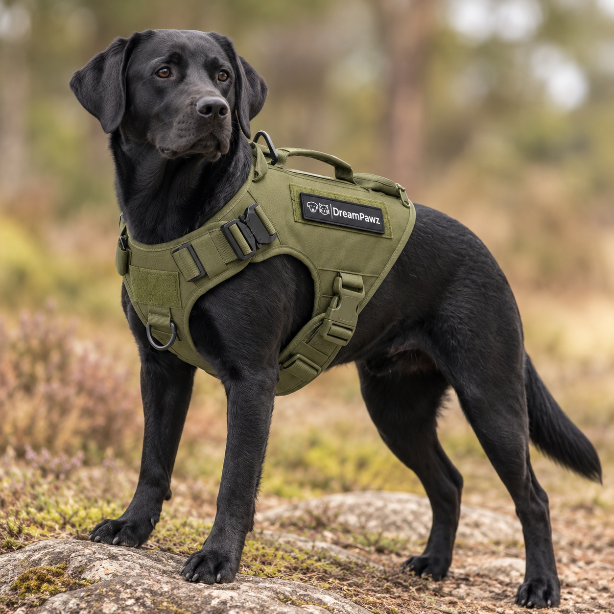 Groene Tactical Harnas met Airtag Pocket gedragen door zwarte Labrador Retriever