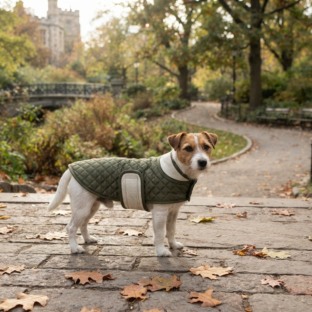 Groene Luxe Gewatteerde Hondenjas - Quilted Chic - DreamPawz - Situatiefoto