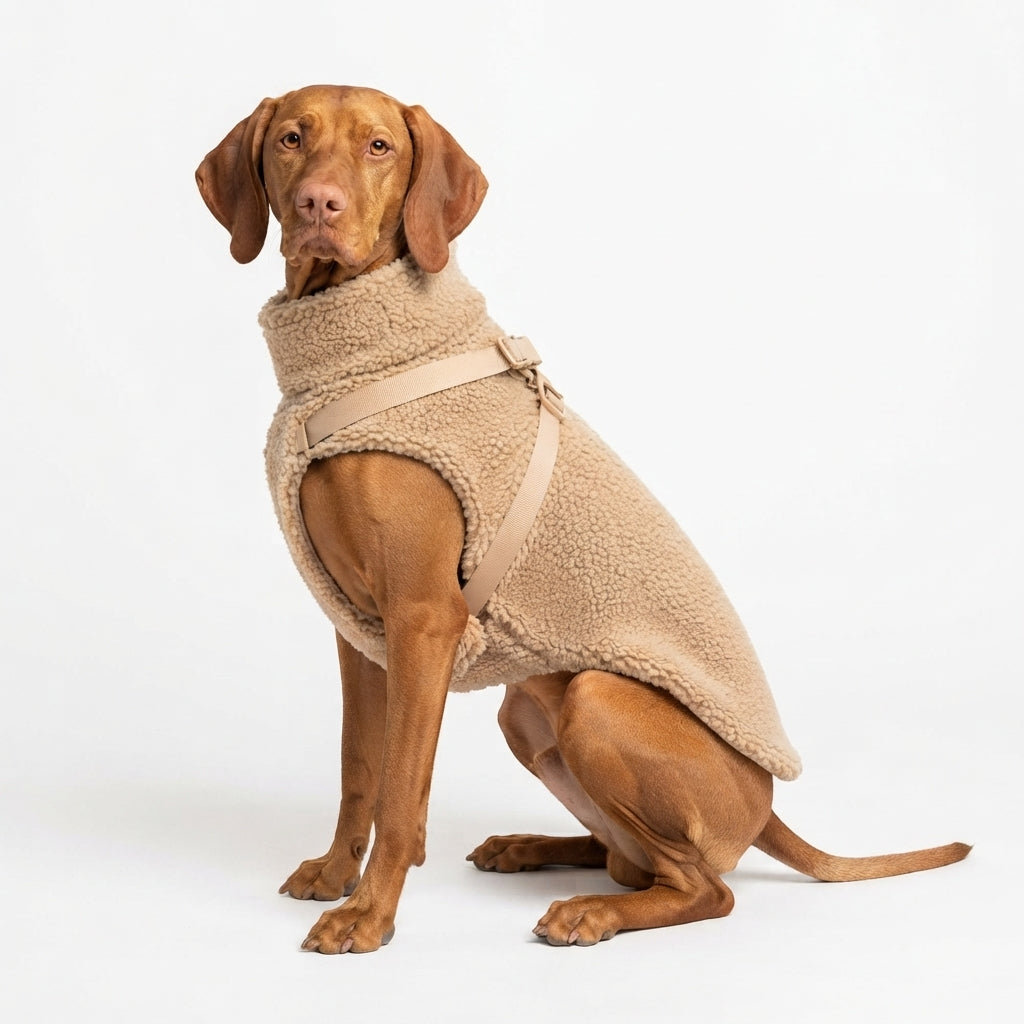 Grote hond staat draagt een beige VPETBR teddy hondentrui met geïntegreerd tuigje.