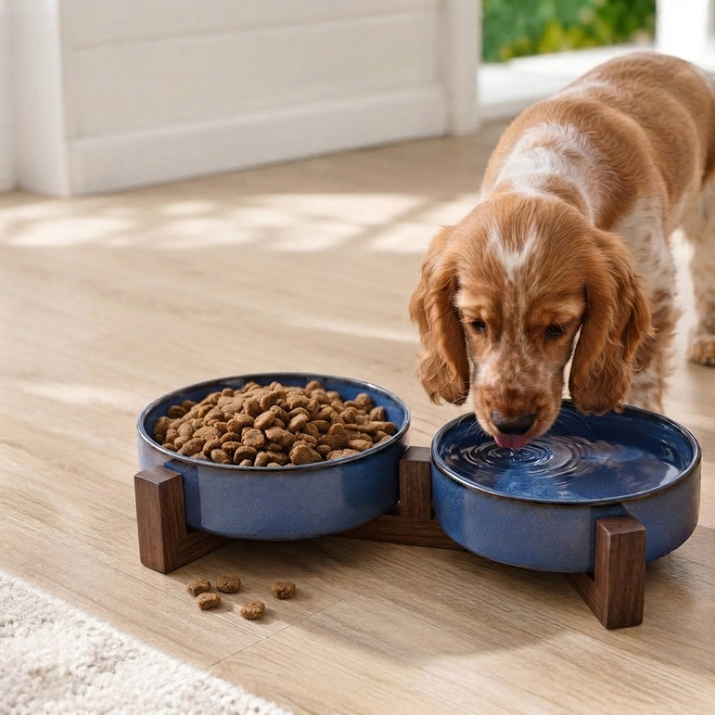 Cocker spaniel hond drinkt water uit een luxe keramische slowfeeder voederbak met donker houten statief in modern interieur