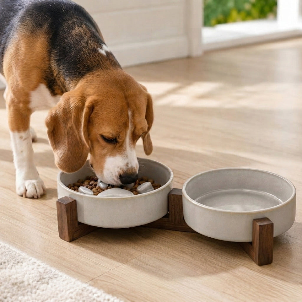 beagle hond geniet van brokjes uit een grijze luxe keramische slowfeeder voederbak met donker houten statief in modern interieur