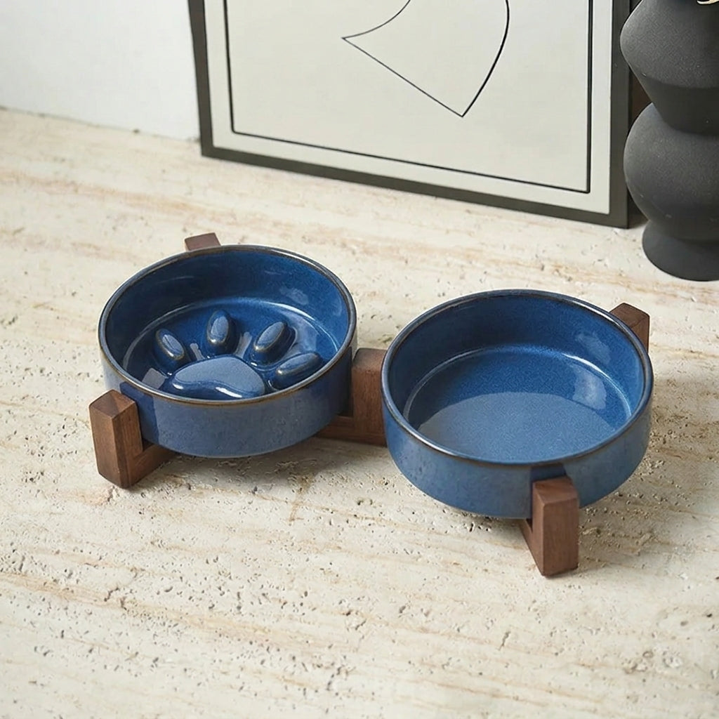 Keramische Voederbak met Acacia Houten Houder - Slowfeeder