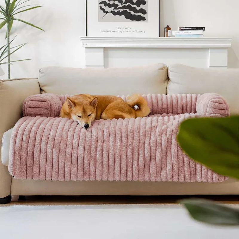 Roze hondenmand voor de bank