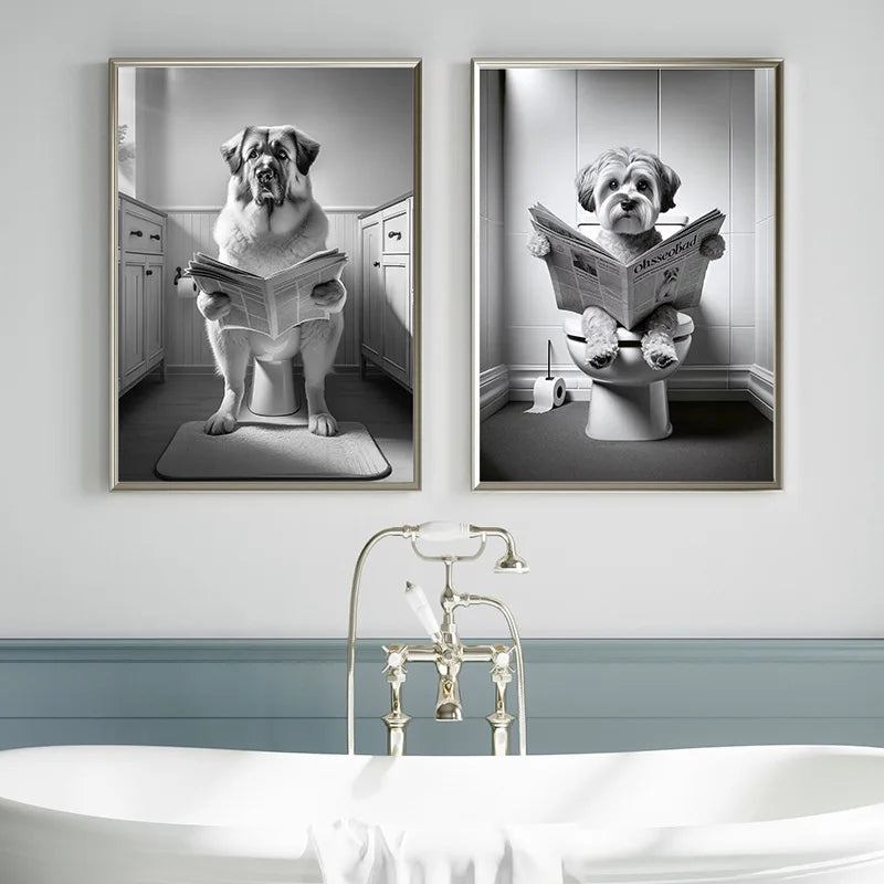 Canvasposter - Hond op Toilet - Zwart/Wit