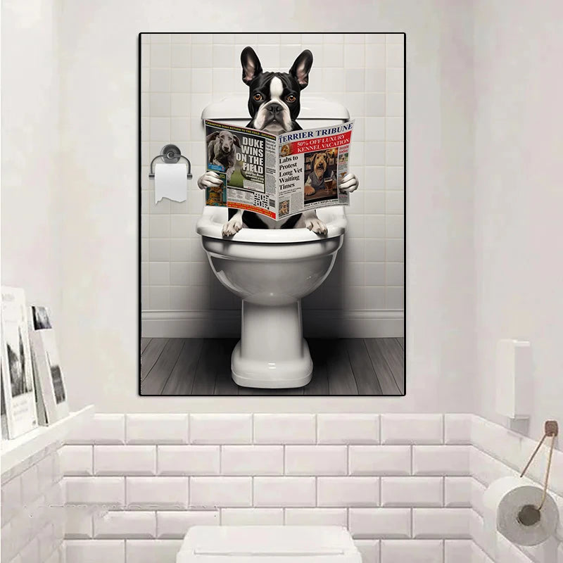 Canvasposter - Hond op Toilet - Donkere Stijl