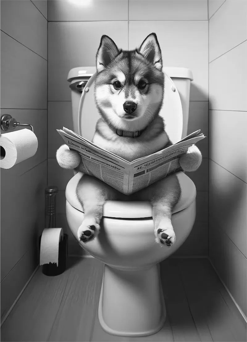 Canvasposter - Hond op Toilet - Zwart/Wit