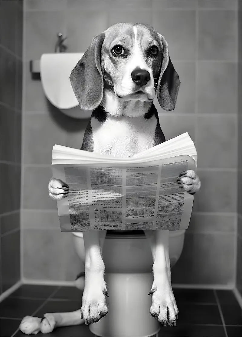 Canvasposter - Hond op Toilet - Zwart/Wit