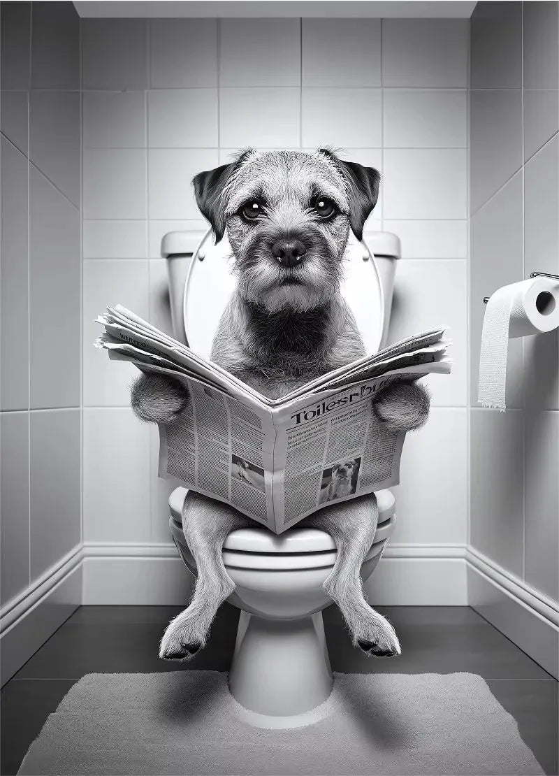 Canvasposter - Hond op Toilet - Zwart/Wit