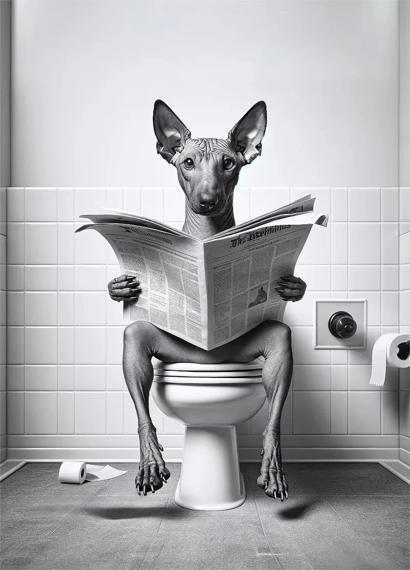 Canvasposter - Hond op Toilet - Zwart/Wit