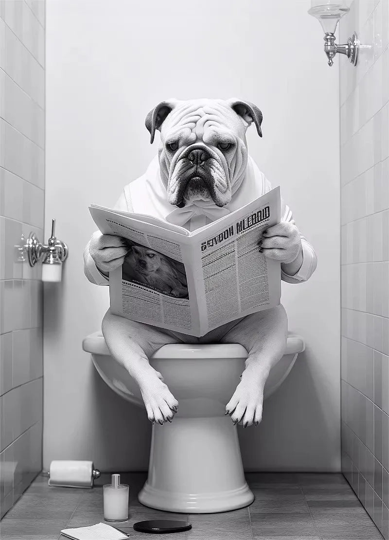 Canvasposter - Hond op Toilet - Zwart/Wit