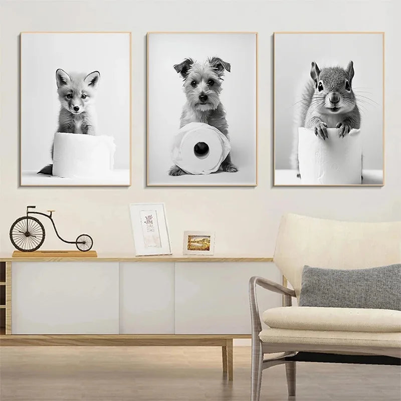 Canvasposter - Huisdier met Toiletrol - Zwart/Wit