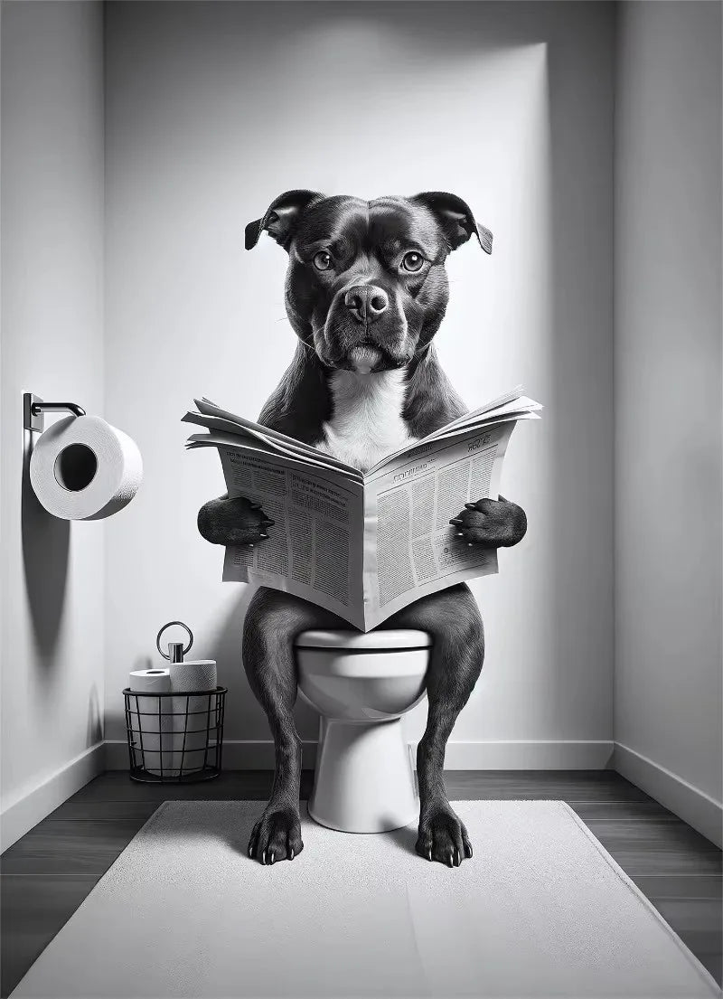 Canvasposter - Hond op Toilet - Zwart/Wit