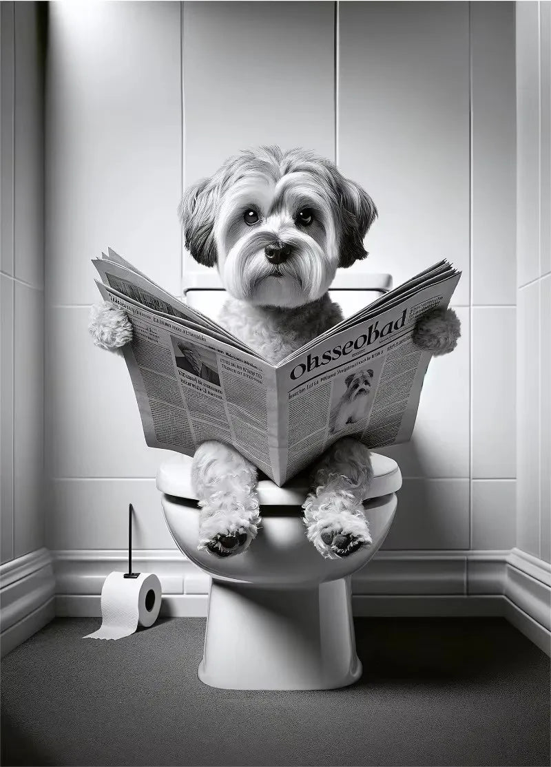 Canvasposter - Hond op Toilet - Zwart/Wit