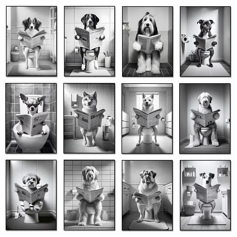 Canvasposter - Hond op Toilet - Zwart/Wit