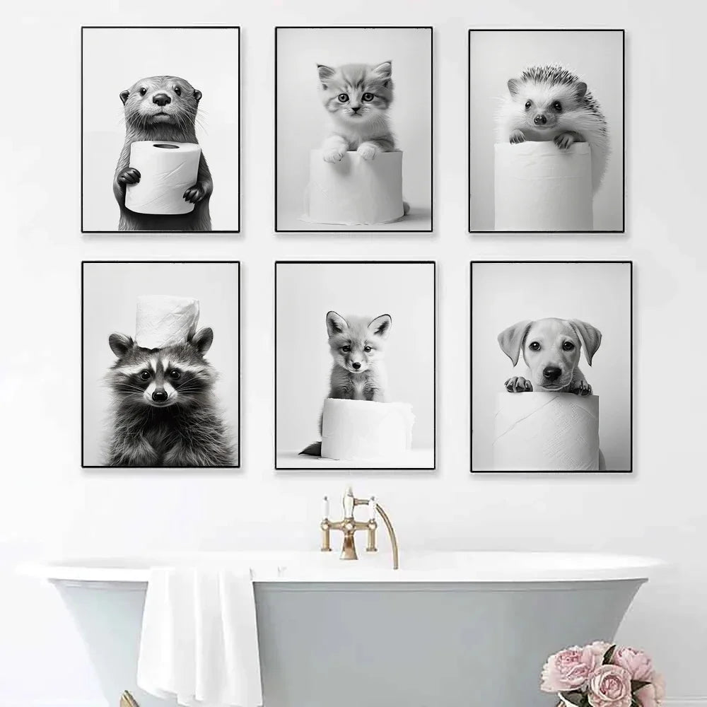 Canvasposter - Huisdier met Toiletrol - Zwart/Wit
