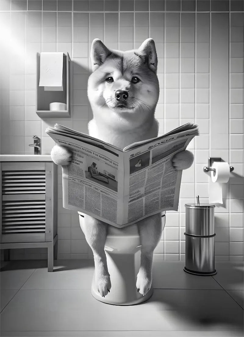 Canvasposter - Hond op Toilet - Zwart/Wit