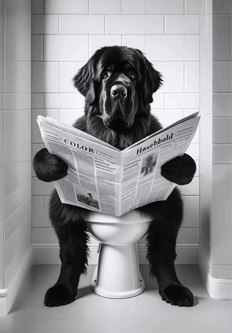 Canvasposter - Hond op Toilet - Zwart/Wit