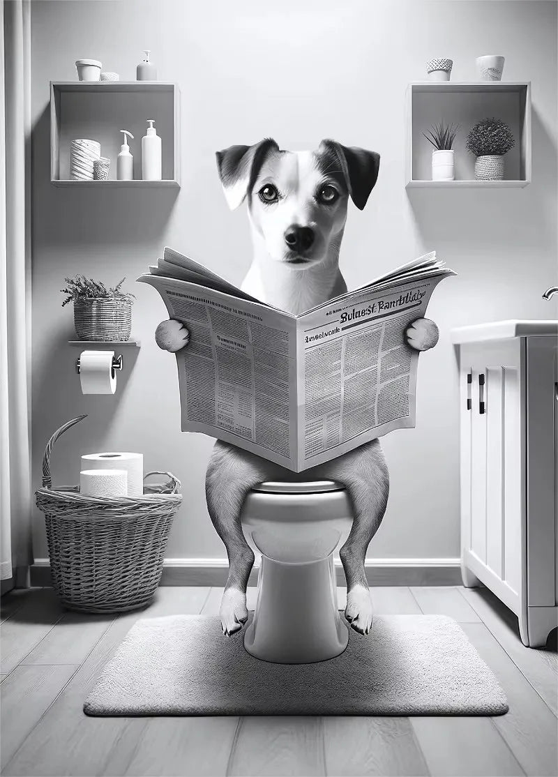 Canvasposter - Hond op Toilet - Zwart/Wit