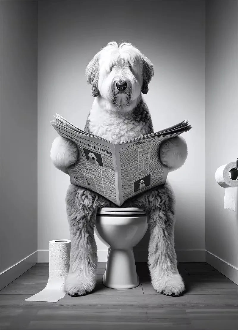 Canvasposter - Hond op Toilet - Zwart/Wit