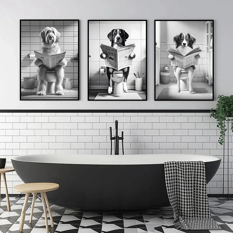 Canvasposter - Hond op Toilet - Zwart/Wit