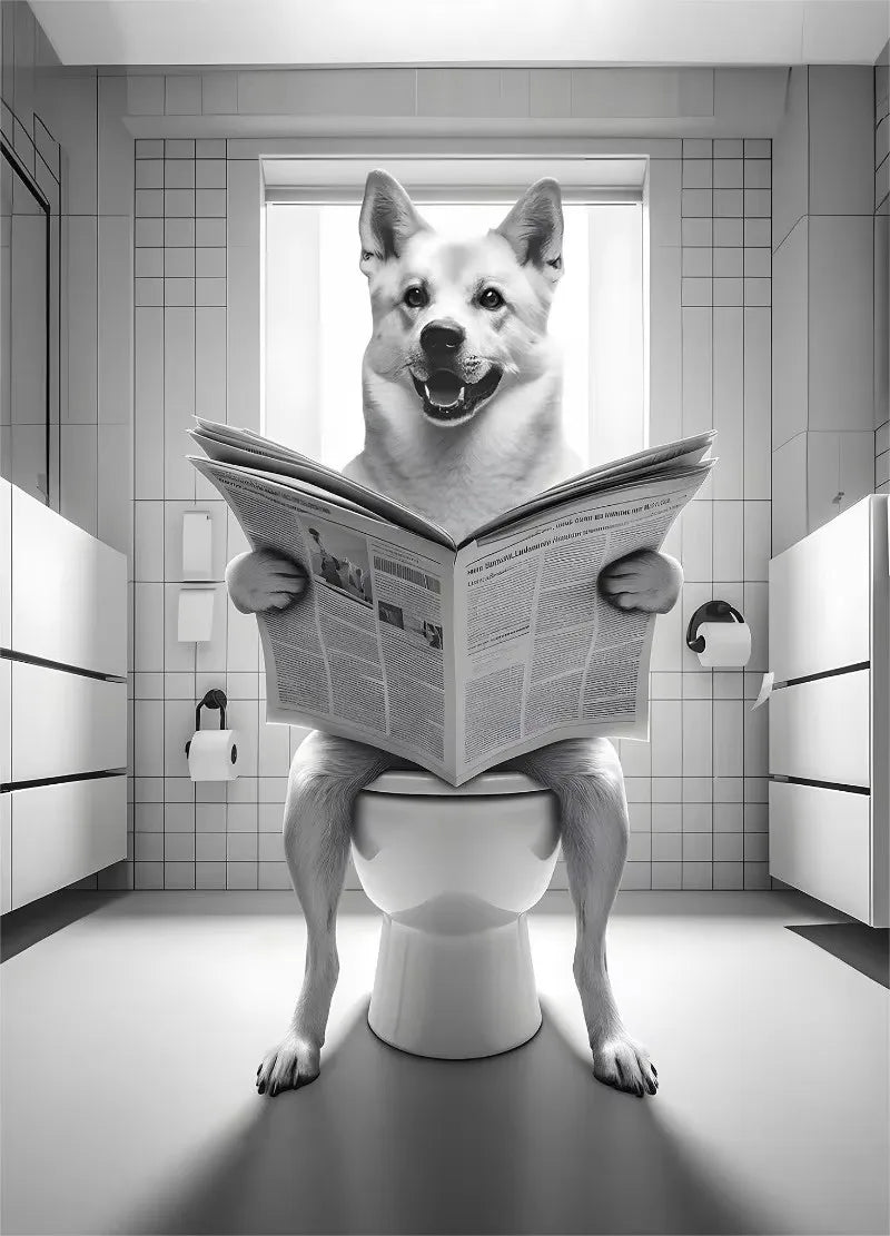 Canvasposter - Hond op Toilet - Zwart/Wit
