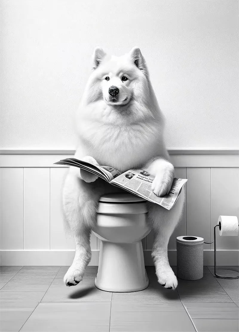 Canvasposter - Hond op Toilet - Zwart/Wit