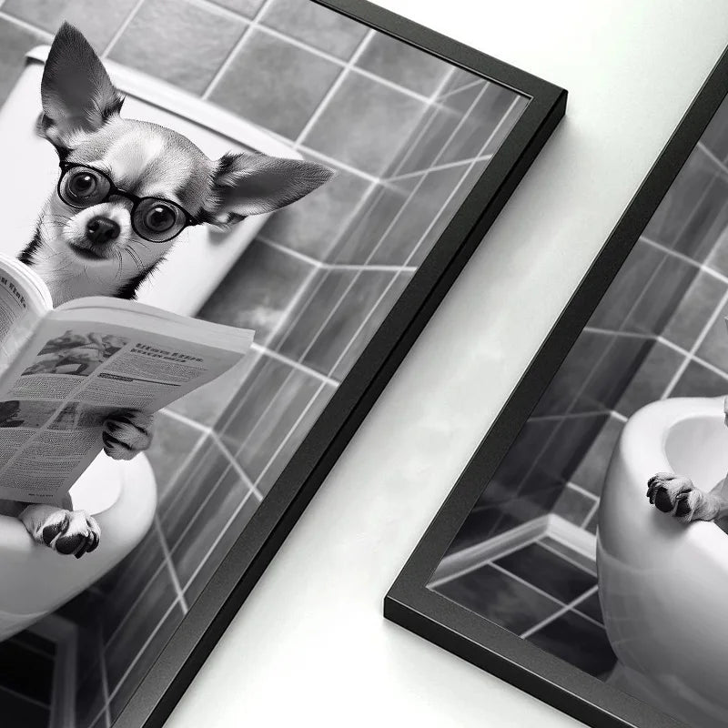 Canvasposter - Hond op Toilet - Zwart/Wit