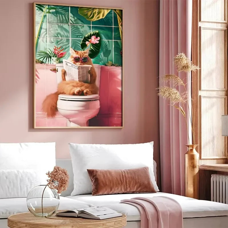 Canvasposter - Tropische Kat op Toilet