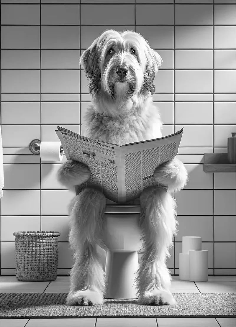 Canvasposter - Hond op Toilet - Zwart/Wit
