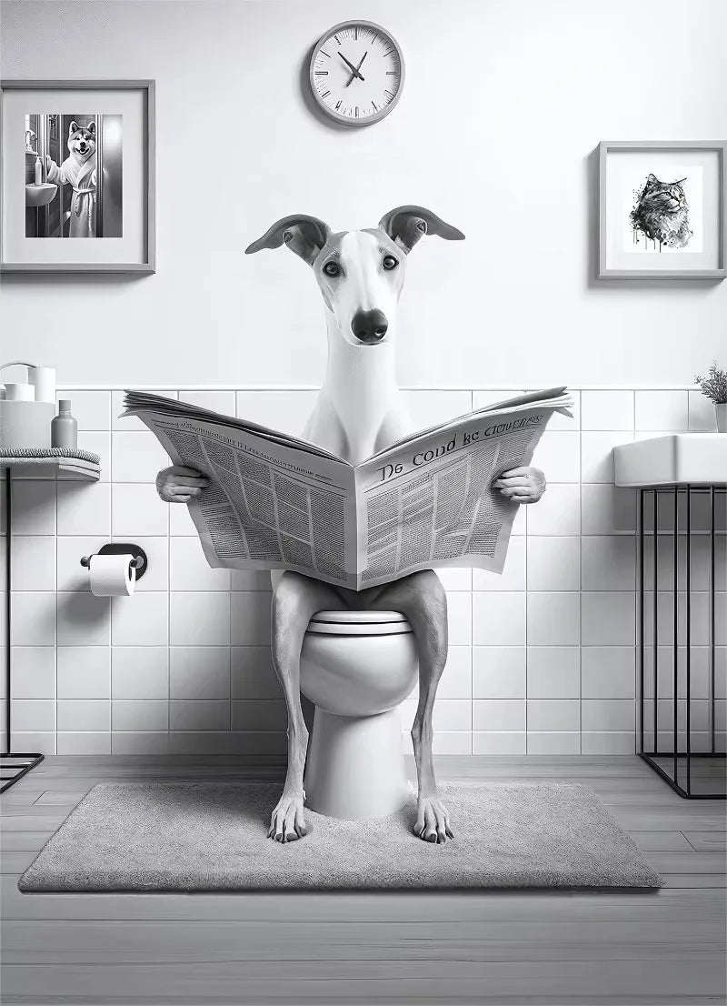 Canvasposter - Hond op Toilet - Zwart/Wit