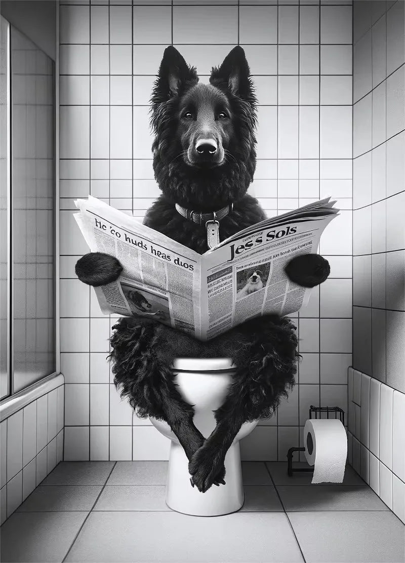 Canvasposter - Hond op Toilet - Zwart/Wit
