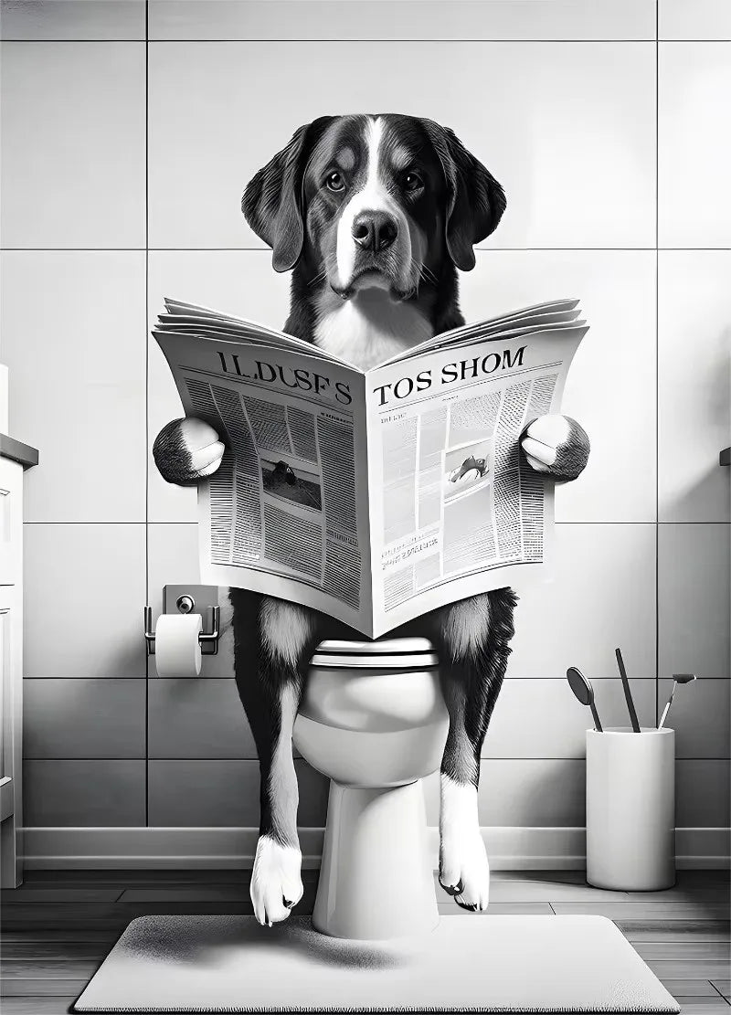 Canvasposter - Hond op Toilet - Zwart/Wit