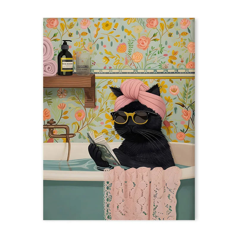 Canvasposter - Zwarte Kat in Bad