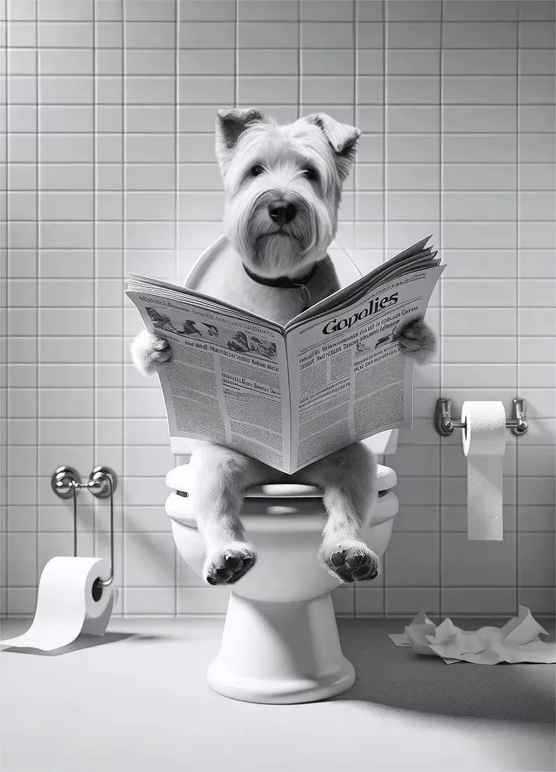 Canvasposter - Hond op Toilet - Zwart/Wit
