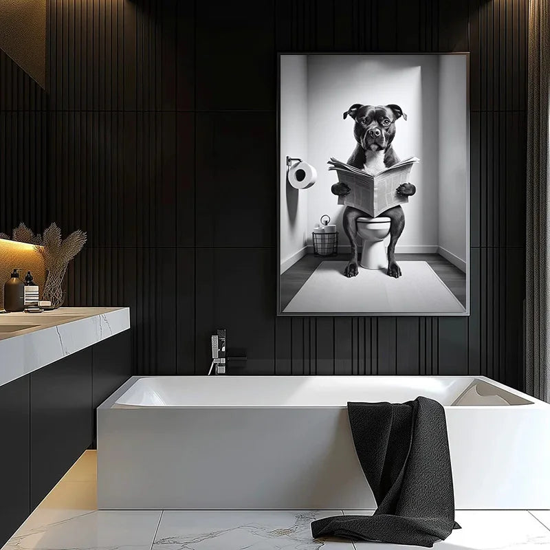 Canvasposter - Hond op Toilet - Zwart/Wit