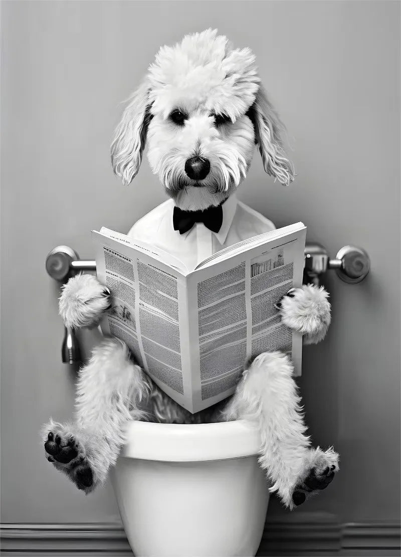 Canvasposter - Hond op Toilet - Zwart/Wit